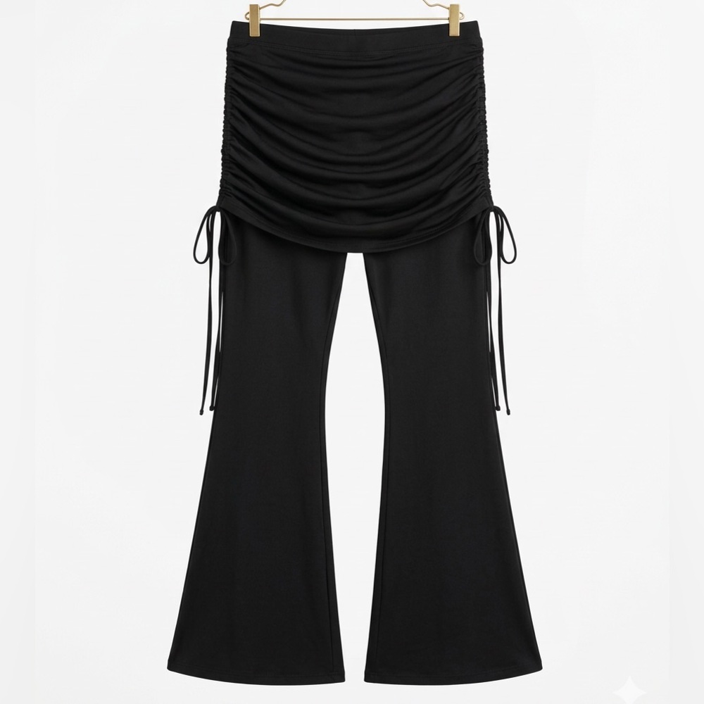 ROMWE Black Wide-Leg Pants with Ruched Skirt Overlay - Picture 1 of 4